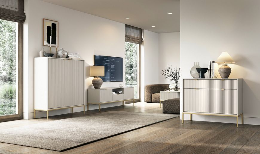 Комод Perfect Home Нова / Nova 3-дверний з 3 шухлядами і золотими ніжками KSZ154 кашемір фото - Купити Комоди PERFECT HOME в епіцентрі меблів GerborDesign.com.ua