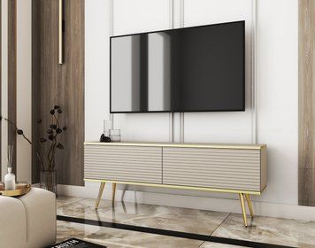 Тумба під телевізор Perfect Home Оро / Oro 2-дверна з золотими ніжками RTV135 MDF бежевый фото - Купити Тумби ТВ PERFECT HOME в епіцентрі меблів GerborDesign.com.ua