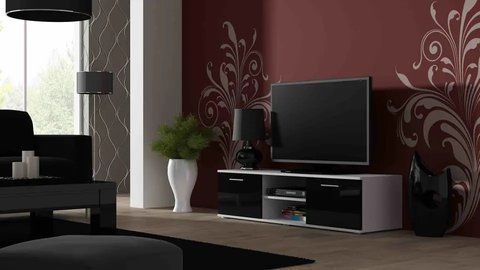 Тумба під телевізор SOHO Cama Meble RTV 140 S4 білий / чорний глянець фото - Купити Тумби ТВ CAMA MEBLE в епіцентрі меблів GerborDesign.com.ua, Київ, Дніпро, Львів, Луцьк, Хмельницький