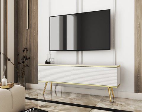 Тумба під телевізор Perfect Home Оро / Oro 2-дверна з золотими ніжками RTV135 MDF білий фото - Купити Тумби ТВ PERFECT HOME в епіцентрі меблів GerborDesign.com.ua, Київ, Дніпро, Львів, Луцьк, Хмельницький