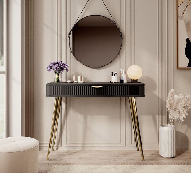 Стіл туалетний Perfect Home Ланте / Lante 1S/100 з 1 шухлядою і золотими ніжками чорний фото - Купити Туалетні столики PERFECT HOME в епіцентрі меблів GerborDesign.com.ua