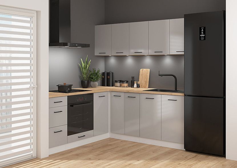 Угловая кухня 200x200 см Junona Line BRW, кухонный угловой гарнитур 2x2 м Black Red White білий / світло-сірий глянець фото - Купить Кухни BLACK RED WHITE в эпицентре мебели GerborDesign.com.ua