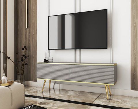Тумба під телевізор Perfect Home Оро / Oro 2-дверна з золотими ніжками RTV135 MDF сірий фото - Купити Тумби ТВ PERFECT HOME в епіцентрі меблів GerborDesign.com.ua, Київ, Дніпро, Львів, Луцьк, Хмельницький