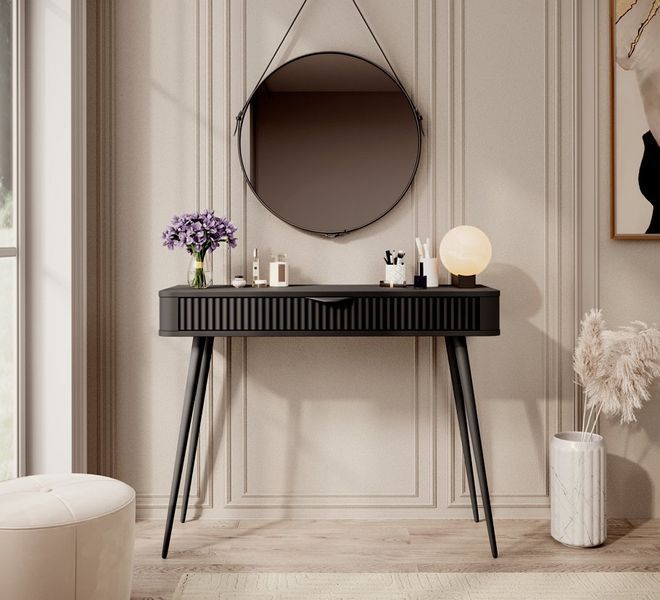 Стіл туалетний Perfect Home Ланте / Lante 1S/100 з 1 шухлядою і чорними ніжками чорний фото - Купити Туалетні столики PERFECT HOME в епіцентрі меблів GerborDesign.com.ua