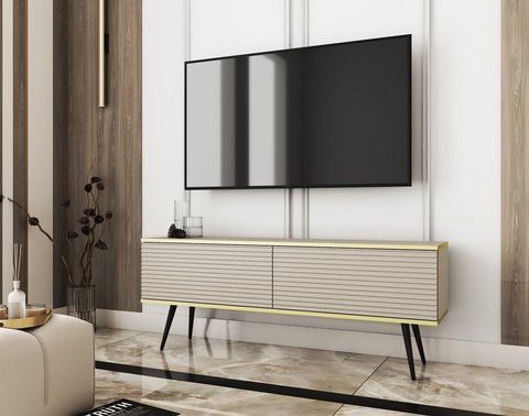 Тумба під телевізор Perfect Home Оро / Oro 2-дверна з чорними ніжками RTV135 MDF бежевый фото - Купити Тумби ТВ PERFECT HOME в епіцентрі меблів GerborDesign.com.ua, Київ, Дніпро, Львів, Луцьк, Хмельницький
