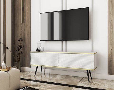 Тумба під телевізор Perfect Home Оро / Oro 2-дверна з чорними ніжками RTV135 MDF білий фото - Купити Тумби ТВ PERFECT HOME в епіцентрі меблів GerborDesign.com.ua, Київ, Дніпро, Львів, Луцьк, Хмельницький