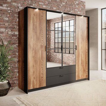 Шафа для одягу Perfect Home Мілтон / Milton 4-дверна з дзеркалом 4D2S/220 каштан / антрацит фото - Купити Шафи PERFECT HOME в епіцентрі меблів GerborDesign.com.ua