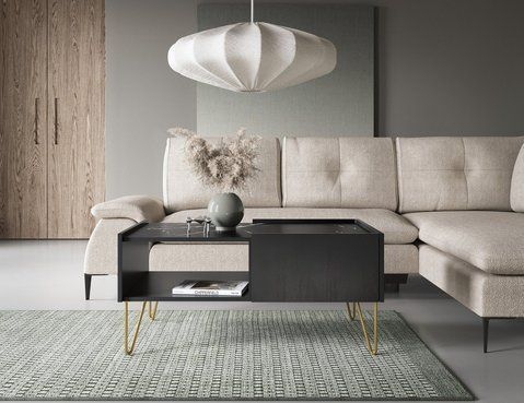 Стіл журнальний Perfect Home Гармонія / Harmony з 2 ящиками та золотими ніжками L97 черный / черный мрамор роял фото - Купити Столи журнальні PERFECT HOME в епіцентрі меблів GerborDesign.com.ua, Київ, Дніпро, Львів, Луцьк, Хмельницький