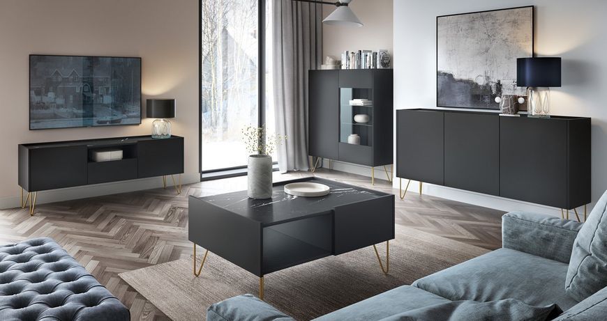 Стіл журнальний Perfect Home Гармонія / Harmony з 2 ящиками та золотими ніжками L97 черный / черный мрамор роял фото - Купити Столи журнальні PERFECT HOME в епіцентрі меблів GerborDesign.com.ua