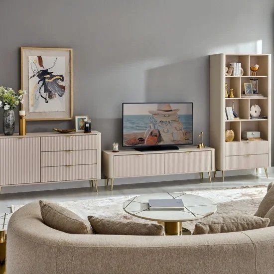 Тумба под телевизор Perfect Home Ланте / Lante 2-дверная с золотыми ножками 2D/163 бежевый фото - Купить Тумбы ТВ PERFECT HOME в эпицентре мебели GerborDesign.com.ua