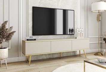 Тумба під телевізор Perfect Home Оро / Oro 3-дверна з золотими ніжками RTV175 бежевый фото - Купити Тумби ТВ PERFECT HOME в епіцентрі меблів GerborDesign.com.ua