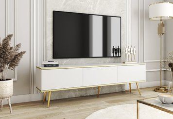 Тумба під телевізор Perfect Home Оро / Oro 3-дверна з золотими ніжками RTV175 білий фото - Купити Тумби ТВ PERFECT HOME в епіцентрі меблів GerborDesign.com.ua