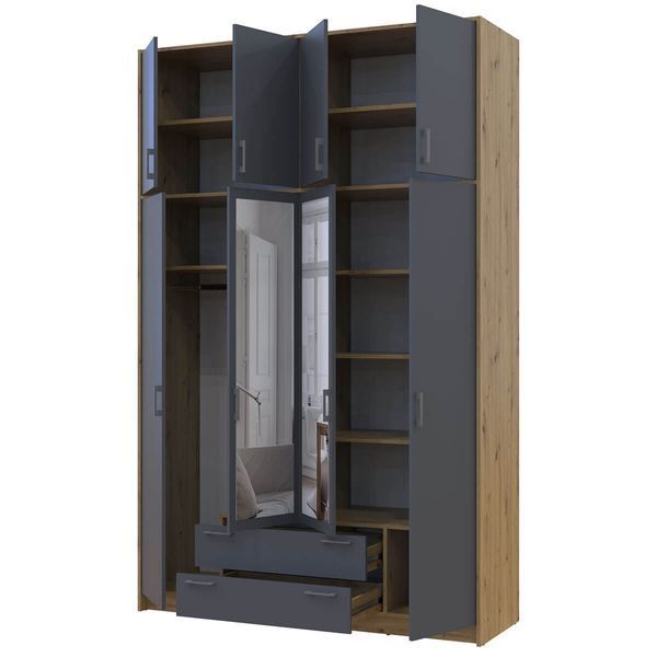 Шкаф с зеркалом и высокой антресолью Ронди Doros (Дорос) 4 ДСП 160х52х260 см дуб артизан / графит фото - Купить Шкафы DOROS | ДОРОС в эпицентре мебели GerborDesign.com.ua
