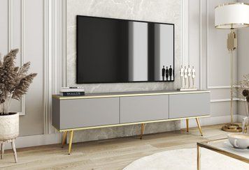 Тумба під телевізор Perfect Home Оро / Oro 3-дверна з золотими ніжками RTV175 сірий фото - Купити Тумби ТВ PERFECT HOME в епіцентрі меблів GerborDesign.com.ua