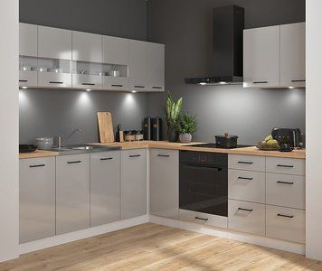 Угловая кухня 220x240 см Junona Line BRW, кухонный угловой гарнитур 2.2x2.4 м Black Red White білий / світло-сірий глянець фото - Купить Кухни BLACK RED WHITE в эпицентре мебели GerborDesign.com.ua