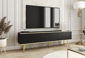 Тумба під телевізор Perfect Home Оро / Oro 3-дверна з золотими ніжками RTV175 чорний фото - Купити Тумби ТВ PERFECT HOME в епіцентрі меблів GerborDesign.com.ua