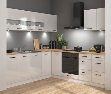 Угловая кухня 220x240 см Junona Line BRW, кухонный угловой гарнитур 2.2x2.4 м Black Red White білий / меловий глянець фото - Купить Кухни BLACK RED WHITE в эпицентре мебели GerborDesign.com.ua