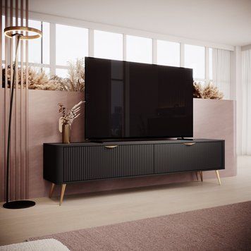 Тумба під телевізор Perfect Home Ланте / Lante 2-дверна з золотими ніжками 2D/200 чорний фото - Купити Тумби ТВ PERFECT HOME в епіцентрі меблів GerborDesign.com.ua