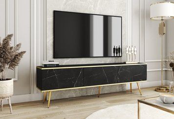 Тумба під телевізор Perfect Home Оро / Oro 3-дверна з золотими ніжками RTV175 черный мрамор фото - Купити Тумби ТВ PERFECT HOME в епіцентрі меблів GerborDesign.com.ua