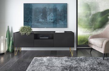 Тумба під телевізор Perfect Home Гармонія / Harmony 1-дверна з 2 шухлядами і золотими ніжками RTV144 черный / черный мрамор роял фото - Купити Тумби ТВ PERFECT HOME в епіцентрі меблів GerborDesign.com.ua