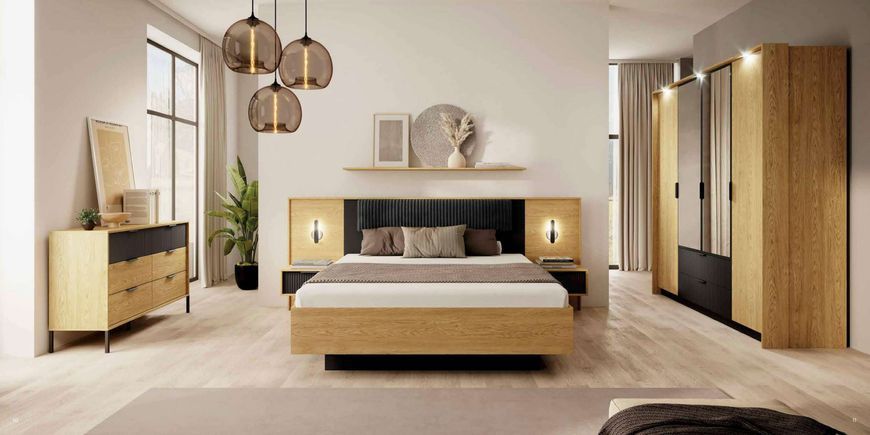 Ліжко (каркас) Perfect Home Балтик в інтерʼєрі вітальні Baltic 160 з м'яким ізголів'ям двоспальне, Дуб балтийский/Черный PFH-091380