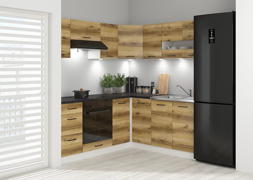 Угловая кухня 240x200 см Junona Line BRW, кухонный угловой гарнитур 2.4x2.2 м Black Red White білий / світлий дуб делано фото - Купить Кухни BLACK RED WHITE в эпицентре мебели GerborDesign.com.ua, Киев, Днепр, Львов, Луцк, Хмельницкий