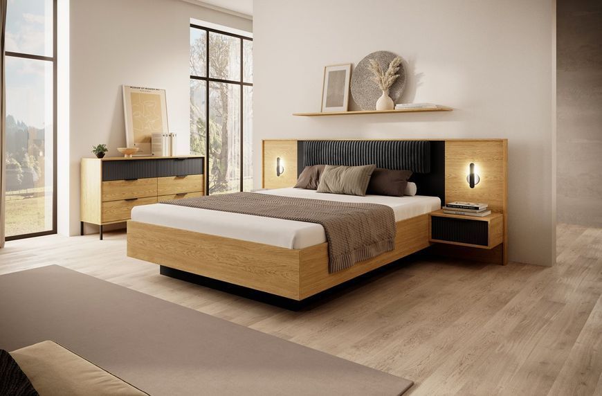 Тумби приліжкові 2 шт. Perfect Home Балтик / Baltic 1S/49 з 1 шухлядою та підсвіткою Дуб балтийский/Черный фото - Купити Тумби приліжкові PERFECT HOME в епіцентрі меблів GerborDesign.com.ua