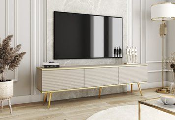Тумба під телевізор Perfect Home Оро / Oro 3-дверна з золотими ніжками RTV175 MDF бежевый фото - Купити Тумби ТВ PERFECT HOME в епіцентрі меблів GerborDesign.com.ua