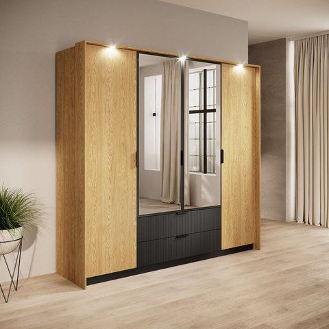 Шкаф для одежды Perfect Home Балтик / Baltic 4D2S/220 4-дверный с зеркалом Дуб балтийский/Черный фото - Купить Шкафы PERFECT HOME в эпицентре мебели GerborDesign.com.ua