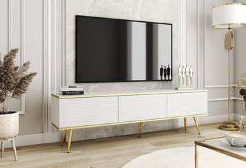 Тумба під телевізор Perfect Home Оро / Oro 3-дверна з золотими ніжками RTV175 MDF білий фото - Купити Тумби ТВ PERFECT HOME в епіцентрі меблів GerborDesign.com.ua
