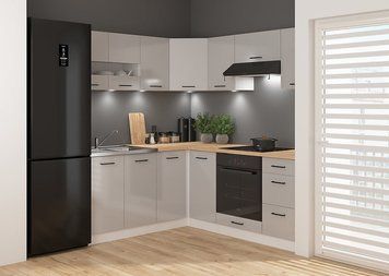 Угловая кухня 240x200 см Junona Line BRW, кухонный угловой гарнитур 2.4x2.2 м Black Red White білий / світло-сірий глянець фото - Купить Кухни BLACK RED WHITE в эпицентре мебели GerborDesign.com.ua