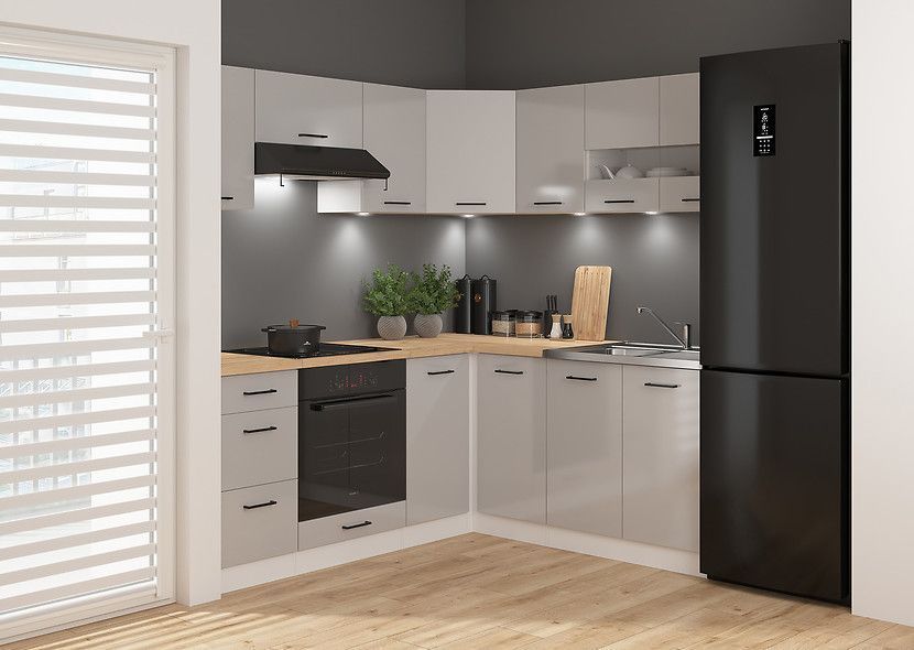 Кутова кухня 240x200 см Junona Line BRW, кухонний гарнітур кутовий 2.4x2.2 м Black Red White білий / світло-сірий глянець фото - Купити Кухні BLACK RED WHITE в епіцентрі меблів GerborDesign.com.ua