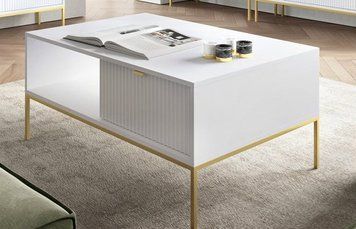Стіл журнальний Perfect Home Нова / Nova з 2 шухлядами та золотими ніжками L104 білий фото - Купити Столи журнальні PERFECT HOME в епіцентрі меблів GerborDesign.com.ua