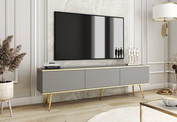 Тумба під телевізор Perfect Home Оро / Oro 3-дверна з золотими ніжками RTV175 MDF сірий фото - Купити Тумби ТВ PERFECT HOME в епіцентрі меблів GerborDesign.com.ua