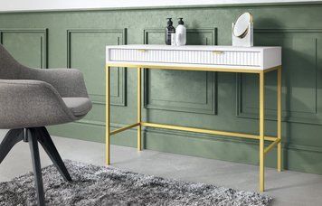 Стіл туалетний Perfect Home Нова / Nova з 2 шухлядами та золотими ніжками T104 білий фото - Купити Туалетні столики PERFECT HOME в епіцентрі меблів GerborDesign.com.ua