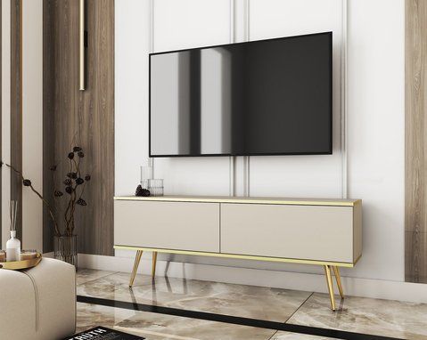 Тумба під телевізор Perfect Home Оро / Oro 2-дверна з золотими ніжками RTV135 бежевый фото - Купити Тумби ТВ PERFECT HOME в епіцентрі меблів GerborDesign.com.ua, Київ, Дніпро, Львів, Луцьк, Хмельницький