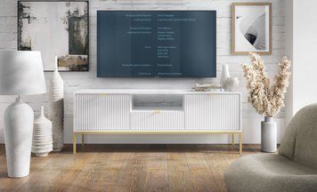 Тумба під телевізор Perfect Home Нова / Nova 2-дверна з 1 шухлядою і золотими ніжками RTV154 білий фото - Купити Тумби ТВ PERFECT HOME в епіцентрі меблів GerborDesign.com.ua