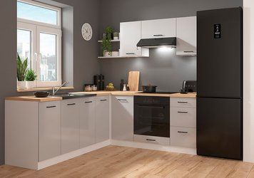 Угловая кухня 200x220 см Junona Line BRW, кухонный угловой гарнитур 2x2.2 м Black Red White білий / світло-сірий глянець фото - Купить Кухни BLACK RED WHITE в эпицентре мебели GerborDesign.com.ua
