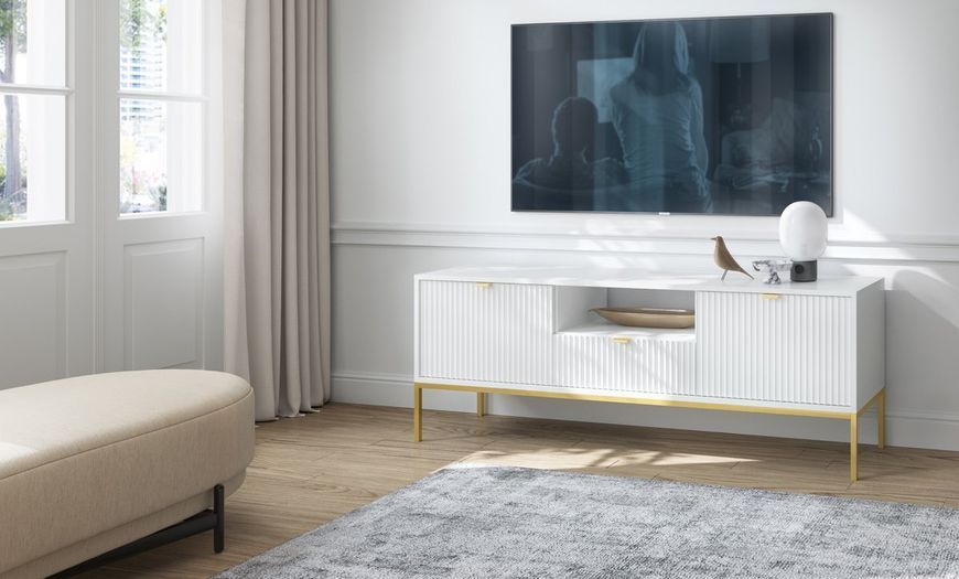 Тумба під телевізор Perfect Home Нова / Nova 2-дверна з 1 шухлядою і золотими ніжками RTV154 білий фото - Купити Тумби ТВ PERFECT HOME в епіцентрі меблів GerborDesign.com.ua