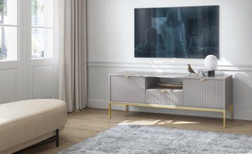 Тумба під телевізор Perfect Home Нова / Nova 2-дверна з 1 шухлядою і золотими ніжками RTV154 сірий фото - Купити Тумби ТВ PERFECT HOME в епіцентрі меблів GerborDesign.com.ua