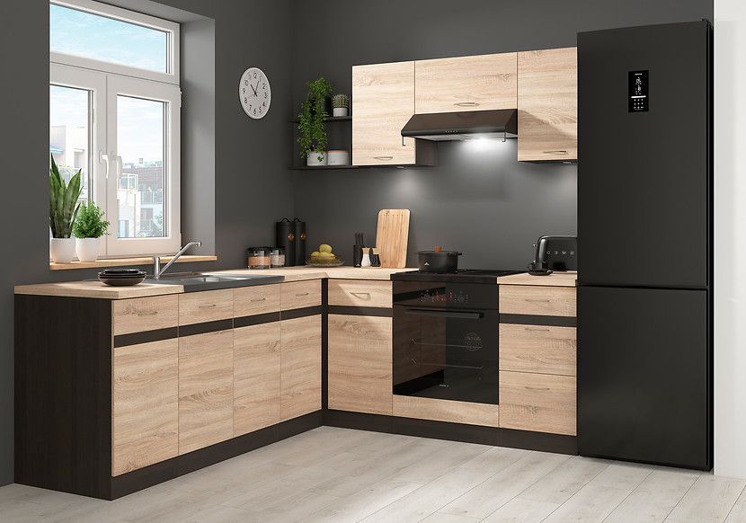 Кутова кухня 200x220 см Junona Line BRW, кухонний гарнітур кутовий 2x2.2 м Black Red White венге / дуб сонома фото - Купити Кухні BLACK RED WHITE в епіцентрі меблів GerborDesign.com.ua