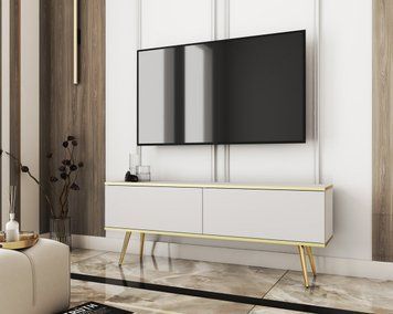 Тумба під телевізор Perfect Home Оро / Oro 2-дверна з золотими ніжками RTV135 білий фото - Купити Тумби ТВ PERFECT HOME в епіцентрі меблів GerborDesign.com.ua