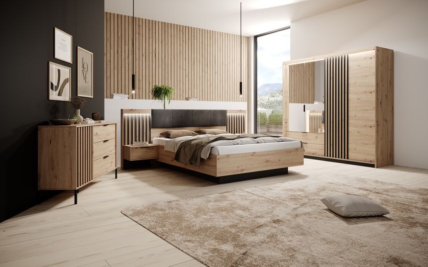 Кровать (каркас) Perfect Home Талли / Tally 160 с мягким изголовьем двуспальная дуб артизан / антрацит фото - Купить Кровати PERFECT HOME в эпицентре мебели GerborDesign.com.ua